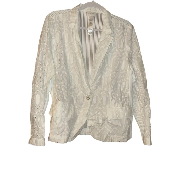 Chico's Celebration White Eyelet Blazer, Size 2 a(Size L 12) Lightweight Summer - Picture 2 of 4